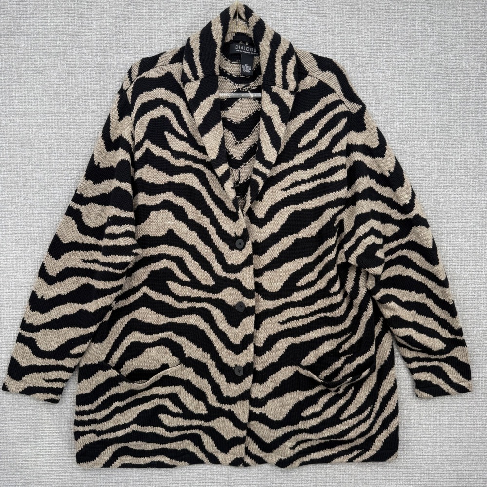 Dialogue‎ Women's Sz 2X Zebra Print Cardigan Sweater Blazer Beige Black